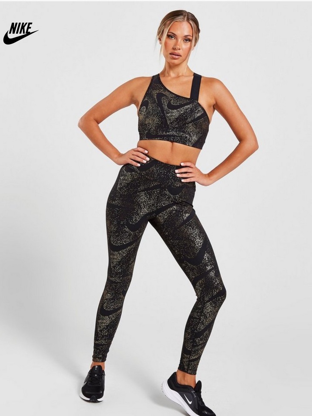Nike Black & Gold One-Shoulder Sports Bra and Leggings Set M